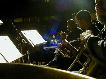 Ted Daniel plays, Vincent Chancey and Art Baron look on at the Ethical Cultural Society.